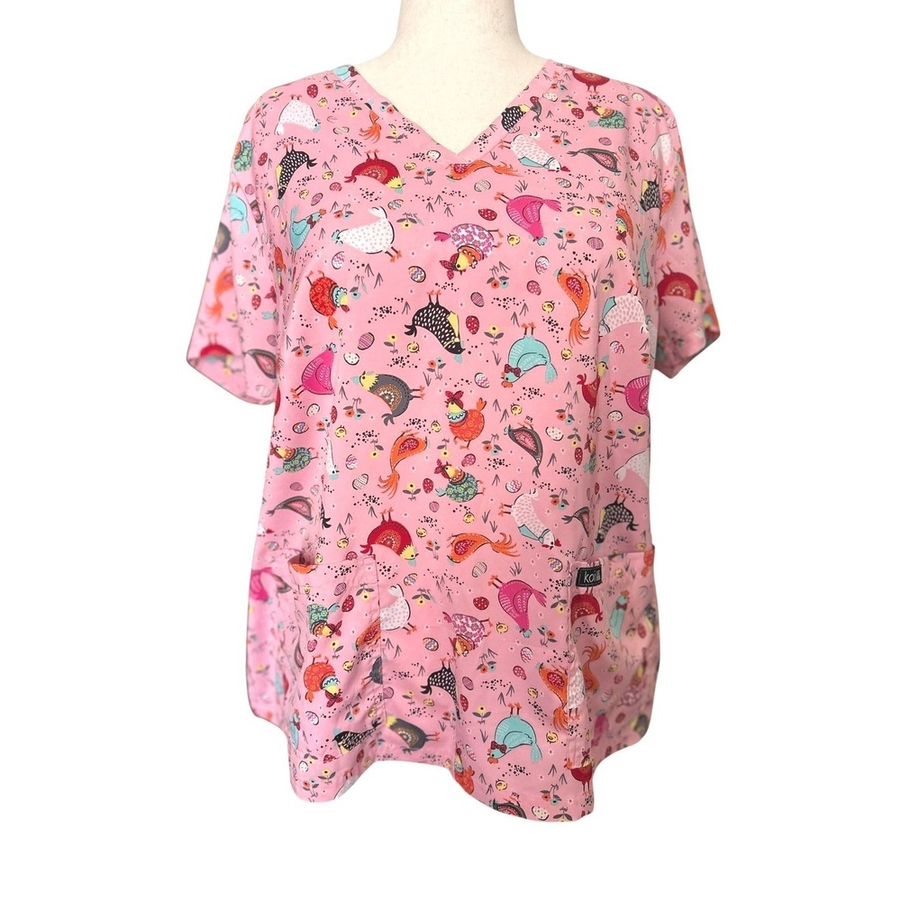 Koi Scrub Top Pink Ditsy Chicken Graphic Print Pockets V Neck 2X Novelty Fun